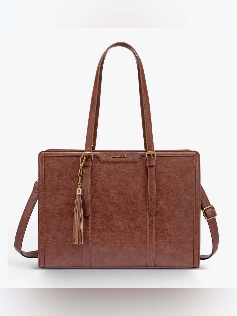 Structured Brown Tote with Tassel Charm and adjustable strap